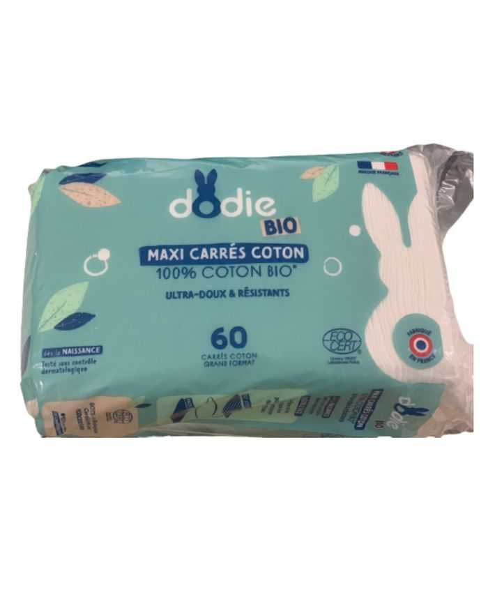 DODIE Maxi Carrés Coton 3 en 1 – Siège, Visage, Mains 100% Coton Bio – 60 unités