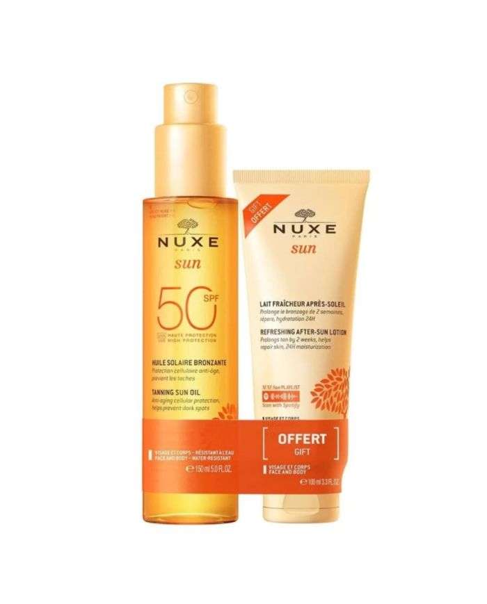 NUXE OFFRE SUN HUILE SOLAIRE BRONZANTE 150 ML SPF 50 + LAIT FRAICHEUR APRES SOLEIL 100 ML – Protection solaire optimale au Maroc
