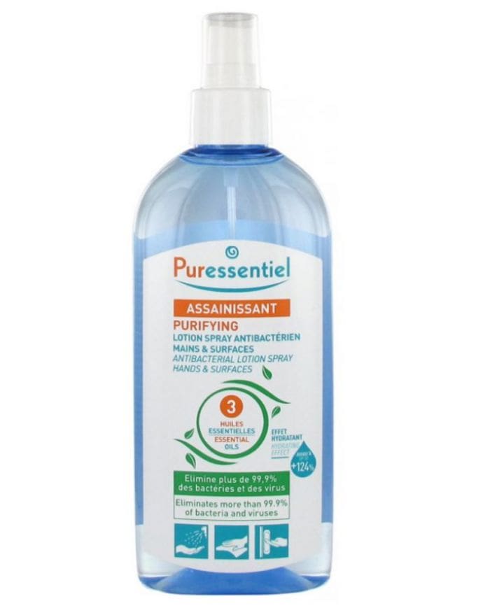 PURESSENTIEL ASSAINISSANT LOTION SPRAY BACTERIEN MAINS 3 HUILES ESSENTIELLES 250 ML – Désinfectant Pratique