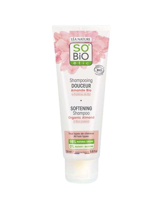 SO BIO Shampooing Douceur Amande Bio + Protéines de Riz 250 ML – Pour des Cheveux Doux et Éclatants