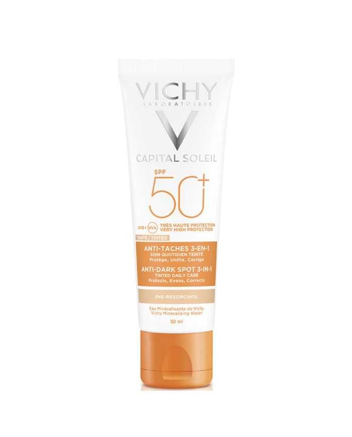 VICHY CAPITAL SOLEIL : Soin Anti-Taches Teinté 3 en 1 SPF50+ – Protection et Éclat de Peau